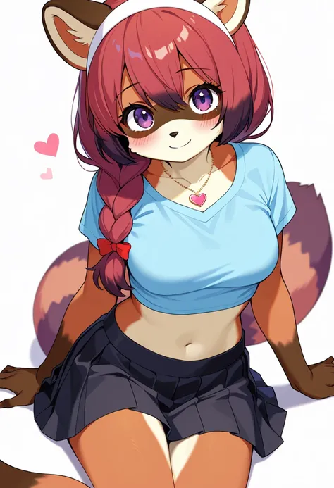 1girl, (furry, kemono:1.4), raccoon girl, animal nose, raccoon ears, raccoon tail, solo, skirt, braid, blue shirt, black skirt, necklace, smile, navel, breasts, jewelry, shirt, looking at viewer, heart necklace, white background, midriff, cropped shirt, sh...