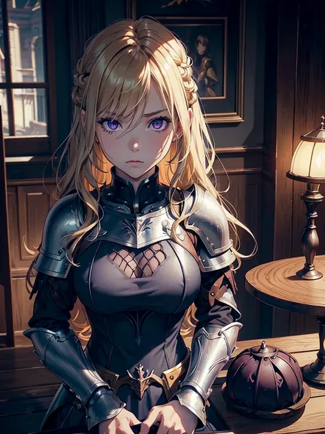 ((DARK FANTASY COLORING, DARK COLOR PALETTE, SORROW LIGHTING, 8K DETAIL QUALITY))
((masterpiece, best quality)), (1girl, anime girl in the tavern, table, feast),(mature), (solo), (female focus, purple eyes girl, irritated face), (blonde hair, wavy hair, lo...