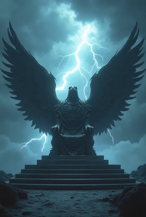 Background with lightning and a throne with eagle wings 