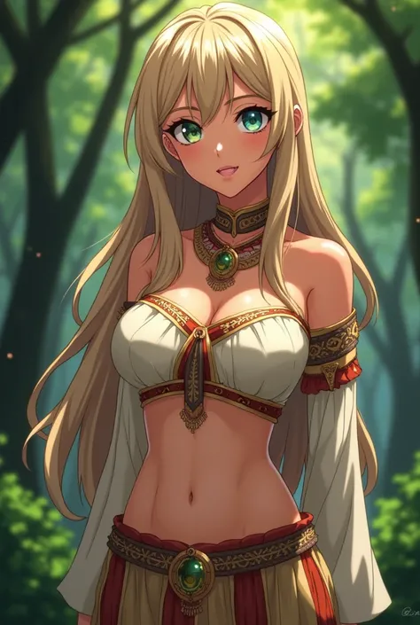 Create an image of a woman from anime, From Stone's anime , with light brown skin ,light brown hair, the left eye is green and the right eye is blue ,Some transparent pink halas  ,  big breasts and pronounced hips and pre-Hispanic clothing surrounding a fo...