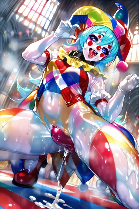 nsfw, 1boy, solo, tomboy, (Hacka Doll, Hacka Doll No.3, hackad3, hackadrs, hackabase, otoko no ko), blue eyes, mullet hair, blue hair, very long hair, bangs, ((((pierrot, clown makeup, jester hat, clown costume, shiny color bodypaint)))), ((shiny skin, gli...