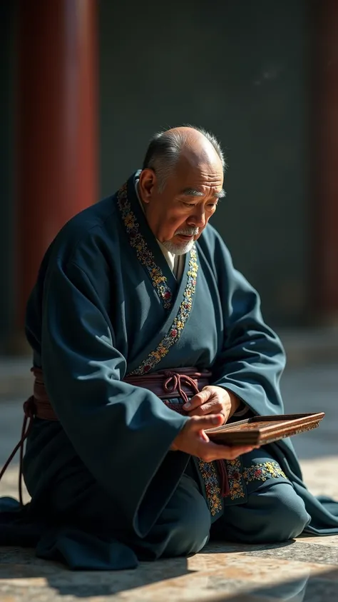 "Close-up of an elderly Chinese official kneeling on marble floor, holding a jade tablet, 
intricate embroidery on his dark blue Hanfu robe, sweat beads on his forehead, anxious facial expression::2, 
traditional Chinese art style::1.5, cinematic compositi...