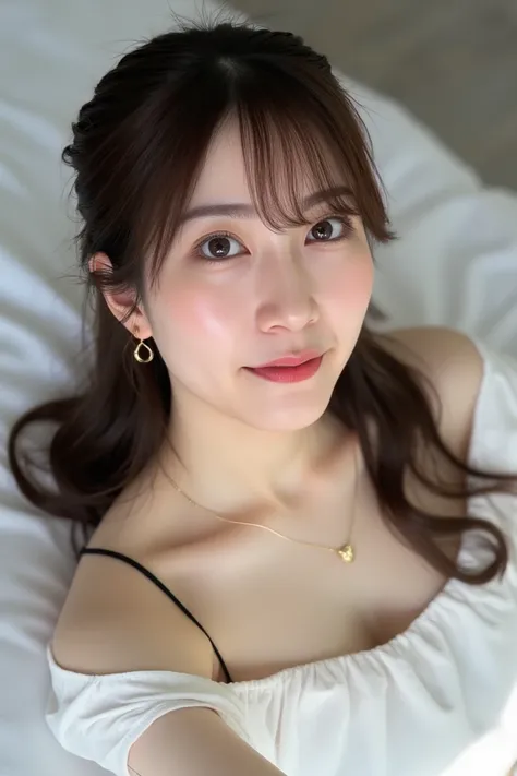   Stunningly shaped   、  Top view full shot of a slender 20 year old Japanese woman lying in bed taking a selfie ,    with her very beautiful face and softly saggy  ,   top view full shot of a slender 20 year old Japanese woman in a bikini with a white top...