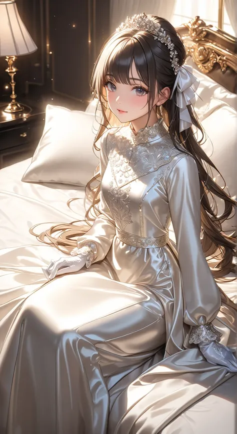  full body photo、 portrait、god々Shining light、( masterpiece, top quality,  ultra high resolution ),Extremely detailed CG, Japanese woman,(( beautiful face)),(( long sleeve long sleeve dress made of shiny white silk satin))、((The dress has a simple design wi...