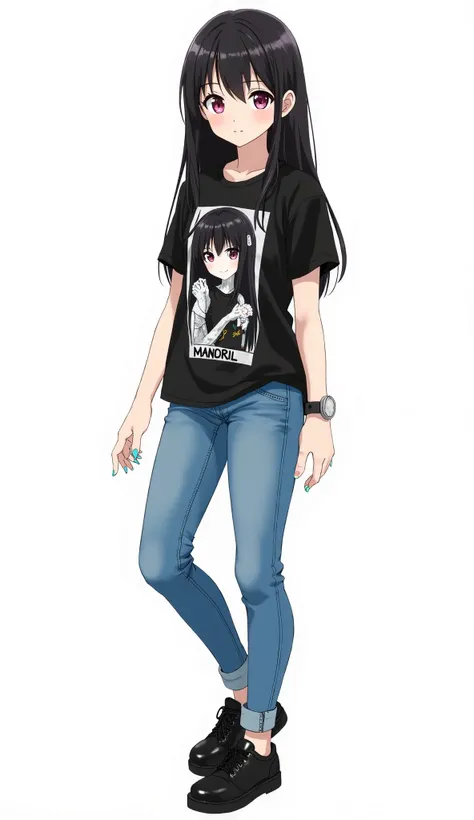 Japanese anime adolescent woman with long straight black hair and intense magenta eyes and light blue nails and a white watch and wears a black t-shirt with the image of a mandril jumpsuit and skinny blue denim jeans. She is wearing black shiny leather sne...