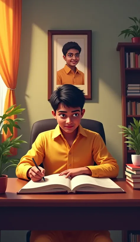 A young aspirant in traditional Indian attire sitting at a desk with an open UPSC book, a framed picture of a great leader (like Dr. B.R. Ambedkar or A.P.J. Abdul Kalam) in the background, and a determined look on their face, symbolizing passion for civil ...