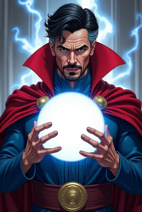  Draw Doctor Strange with two hands holding a circular box in front of his chest. the white box . The box is half the size of the picture.