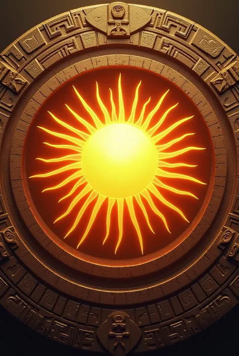 The Sun of the Gods. A stylized sun with rays that stretch sideways,  surrounded by a circle with geometric patterns inspired by Mesoamerican architecture 