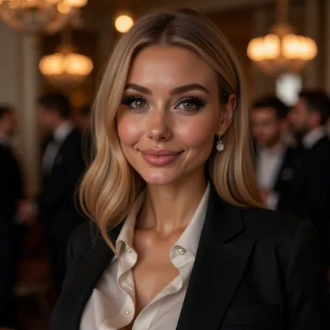  full frame of a young woman with blonde hair in professional business clothes, at an elegant party ,  long lashes , beautiful eyebrows, cute smile,  thin waist,  Slim figure,  detailed face,  beautiful detailed eyes ,  beautiful detailed lips ,  extremely...