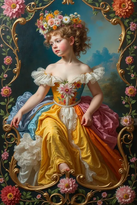  A Rococo inspired work of art by Esao Andrews and Harriet Backer  ,  with elaborate ornaments  ,coloreden, different colors,  asymmetry , and graceful curves .  The painting features opulent details  , ,  that recall the style of 18 .  century  ,  with a ...