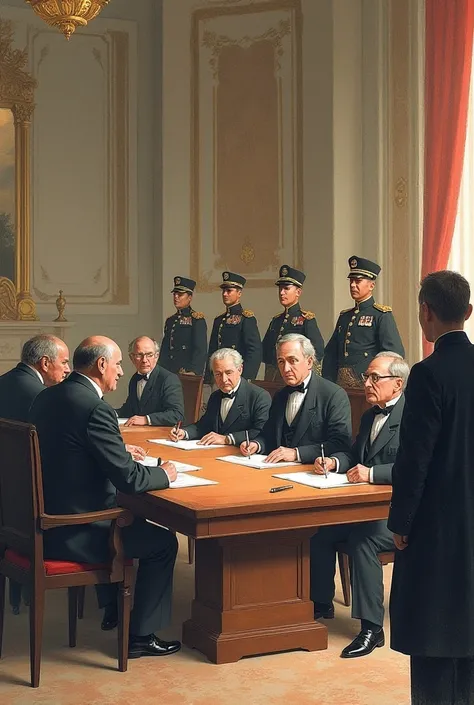 historical illustration .
 Description : A scene in which agreements , with representatives from both countries and soldiers watching the event.