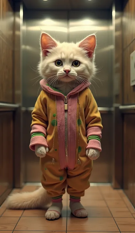 The background is inside the elevator。A big-headed, patchy kitten wearing a carnival costume stands on two legs and faces the front。 Hi-Res,  Masterpiece, accurate,  anatomically correct,  has won many awards,  highest quality ,  high image quality model ,...