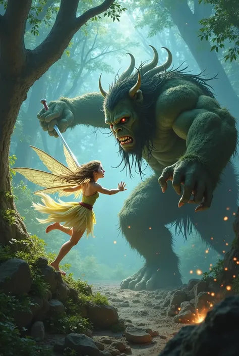 Fight between fairy and troll with sword