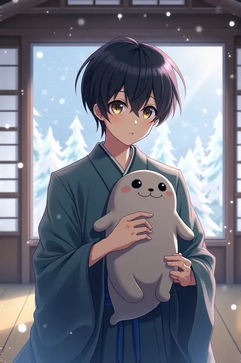  male, top quality, black hair, short hair, Fantastic Snow Scenery ,Japanese-style room, kimono,winter,beautiful sparkling eyes,I'm holding a stuffed seal,