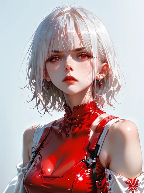 Smooth Quality -
A anime style illustration of a woman with short, white hair and sharp red eyes.  She has a serious, slightly cold expression.  She is wearing futuristic black and red armor with sharp, angular details and glowing red accents.  A transluce...