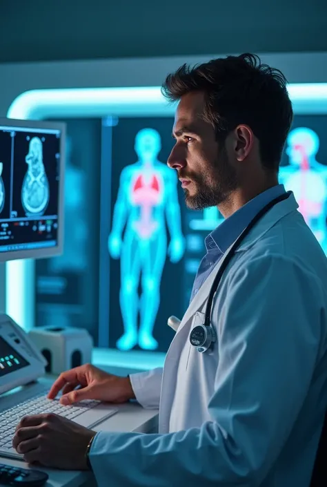  Create an image about a doctor's office with a mature young male doctor with ultrasound and electrocardiography equipment, with hologram images about human anatomy with a modern and futuristic profile 