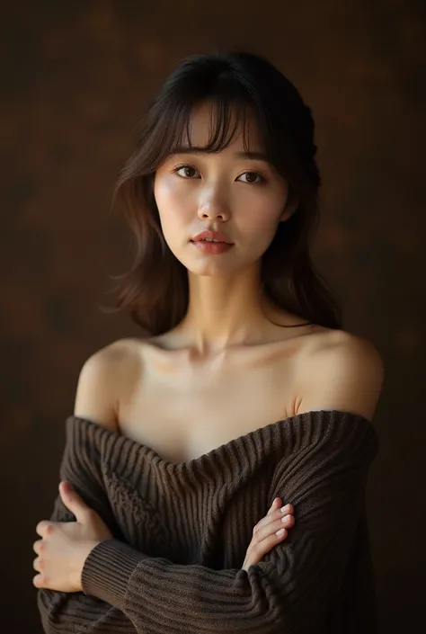 Beautiful korean woman. She has medium-length brown hair featuring a fringe. Her expression is serene and composed, with direct eye contact. She is wearing a dark brown loose sweater that shows her bare shoulders. Her hands are crossed below her chest. A d...