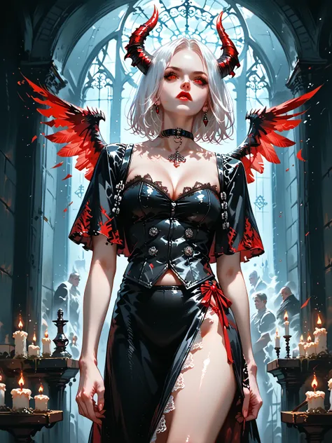 A dark fantasy character stands in a dimly lit, ominous setting, surrounded by flickering red candles. The character has short, white hair and striking red eyes, exuding an aura of power and menace. Two sharp, glowing red horns protrude from their head, ad...