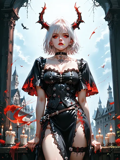 A dark fantasy character stands in a dimly lit, ominous setting, surrounded by flickering red candles. The character has short, white hair and striking red eyes, exuding an aura of power and menace. Two sharp, glowing red horns protrude from their head, ad...