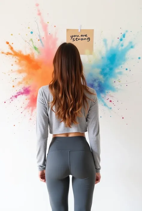  Brown-haired European woman wearing training pants and a long-sleeved sweater with her back to the camera, with an explosion of colors and brightness around you . Looking into a mirror with a paper pasted with "you are strong" Written on it. White backgro...