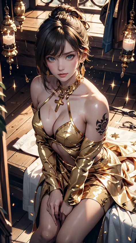  in the rain、 Gold Tattoos for Girls with Gold Earrings, in the style of vray tracing,  then Martin , Famous, Poured,  close, Dark white and gold,  speed painting,  Masterpiece,  top quality、 scramble cross center 、 Seen from Above、 overall description