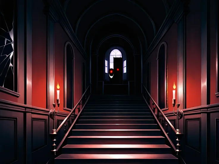 Haunted Mansion, ghost, Old mansion, Pale Flame,  Red Eyes in the Dark,  creepy smile, Swaying Candlesticks ,  Decaying Stairs , Long corridor, Mysterious Shadow, Cracked Mirror 