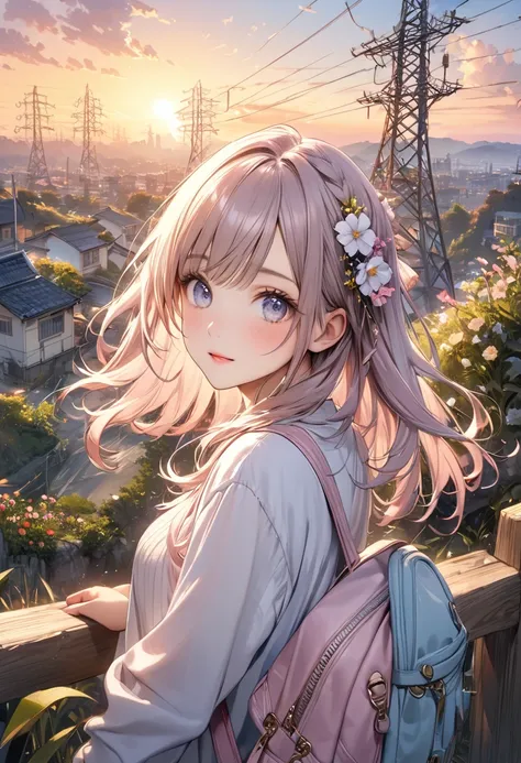 (((  beautiful details )))  official art using high quality hand drawn watercolor sketch techniques。(  top quality、4K、8k、  hi-res、  Masterpiece:1.2) Ultra Detailed, Beautifully Detailed Eyes 、 1 girl、Hilltop 、 distant cityscape 、Wooden fence、flower、cloud、m...