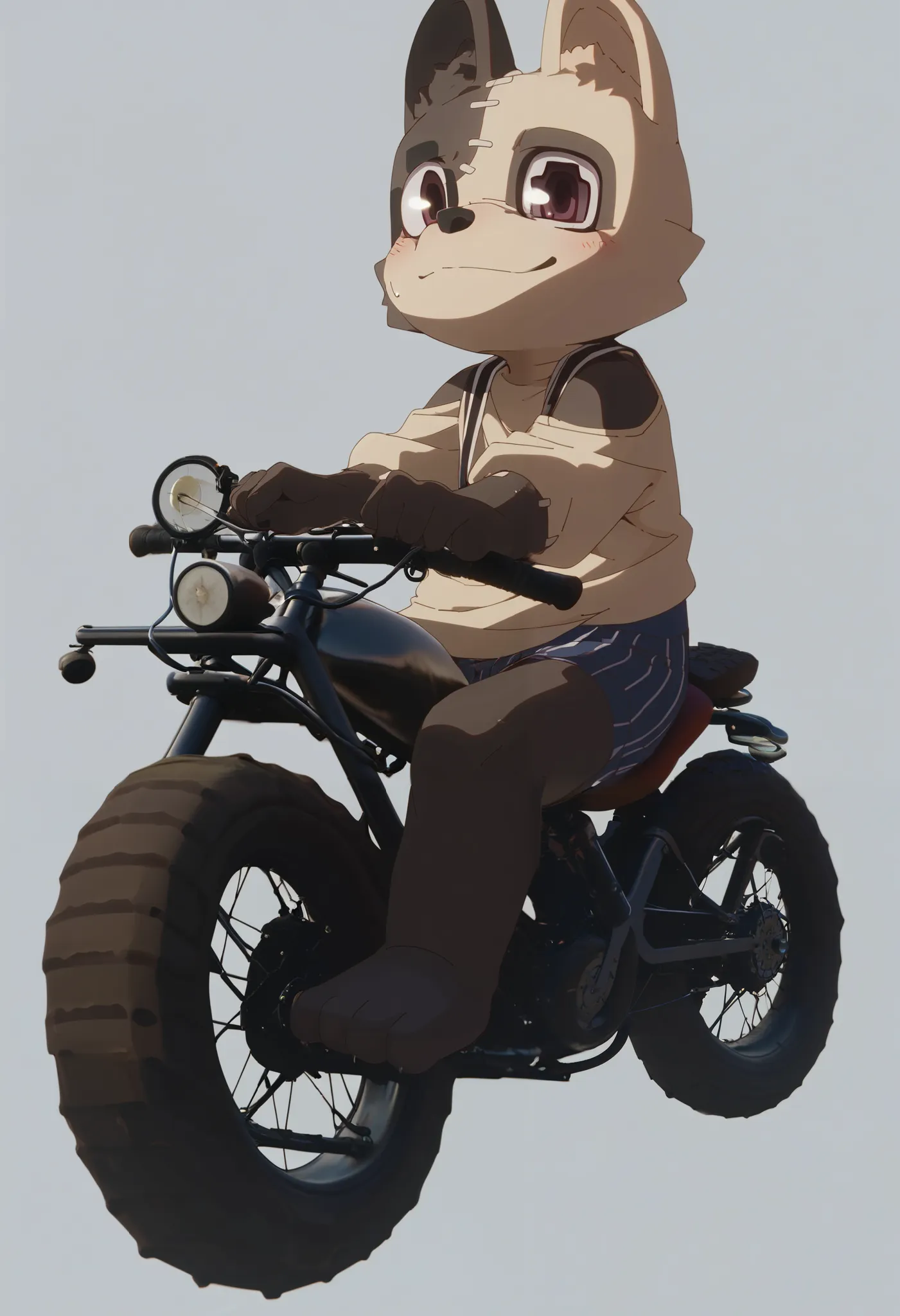 score_9, score_8_up, score_7, 1male furry Shuichi, chonky, odd pupil, looking at viewer, wearing tight black fiber boxers, riding a motorcycle