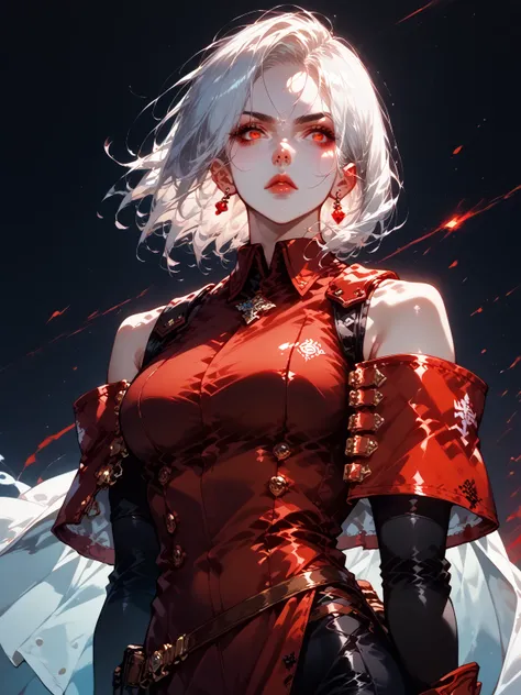 Smooth Quality -
A anime style illustration of a woman with short, white hair and sharp red eyes.  She has a serious, slightly cold expression.  She is wearing futuristic black and red armor with sharp, angular details and glowing red accents.  A transluce...