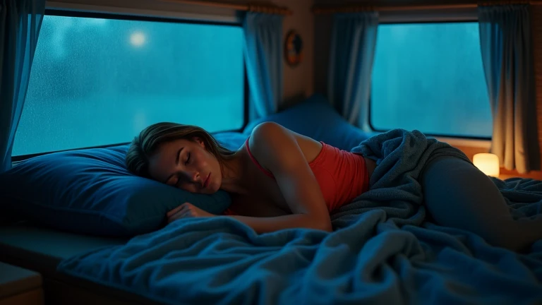 Beautiful woman with straight hair sleeping peacefully in a comfortable camping van with dim lighting, wearing a bright tank top. Her relaxed pose shows complete serenity, with her body lying on her stomach on a soft mattress, one arm resting under a plush...