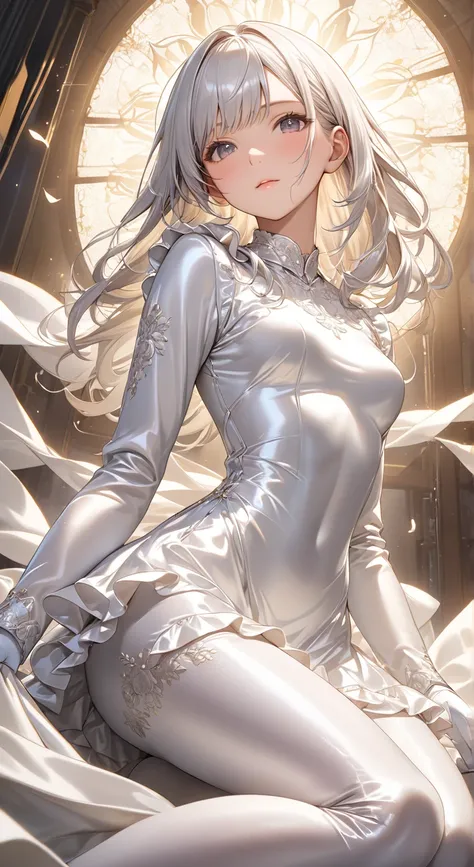  full body photo、 portrait、god々Shining light、( masterpiece, top quality,  ultra high resolution ),Extremely detailed CG, Japanese woman,(( beautiful face)),(( long sleeve long sleeve dress made of shiny white silk satin))、((The dress has a simple design wi...