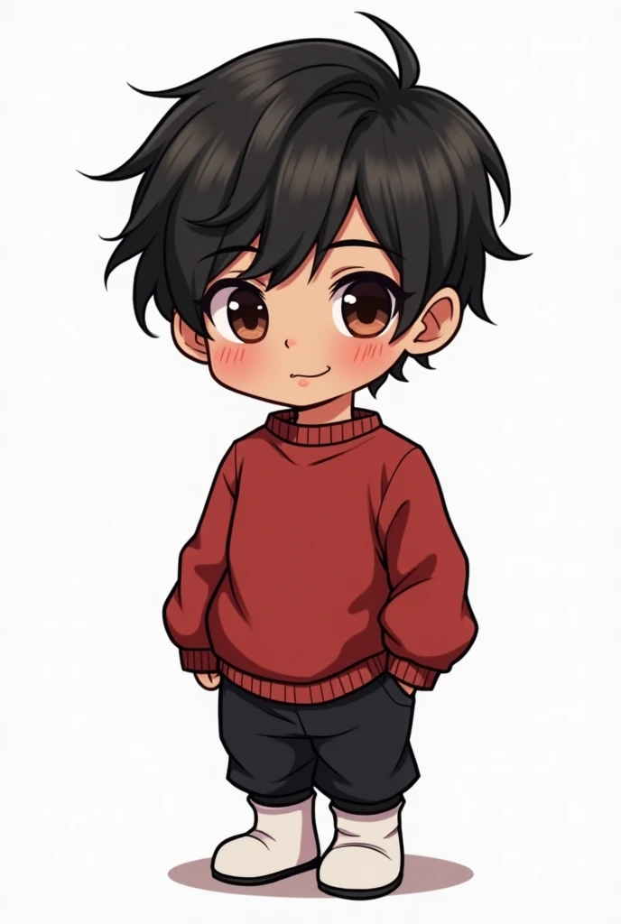  Generate a kawaii chibi anime style image of a male character with the following dark skin tone appearance dark brown eyes pulling for black hair color black eyebrows and eyelashes color black ...
 Shape of her hair has the shape of an elegant cut and at ...