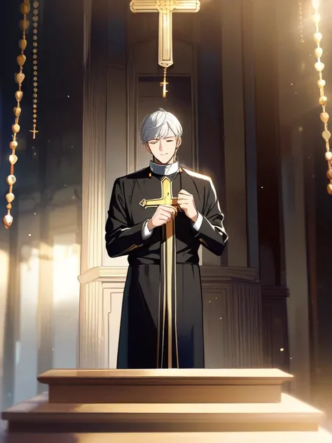 Short-haired, cat-haired man, tall, black priest uniform, gentle, golden rosary in the background is a temple