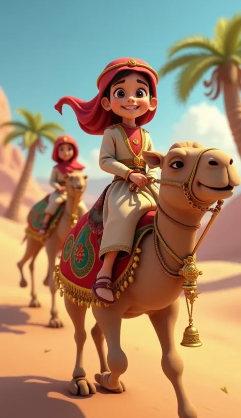 Create an image jpeg 
of an animated scene. It shows a young  wearing traditional Middle Eastern attire, riding a decorated camel in a desert setting with palm trees in the background. The  has a cheerful expression, and the camel is adorned with colorful ...