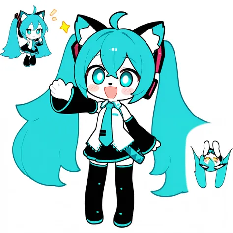  better quality , 32k, (chibi character,  full body, Big Head:1.5, 3D), miku hatsune, ahoge, aqua eyes, aqua hair, crossed bangs, hair between eyes, hair ornament, headphones, long hair, twintails,, Hatsune Miku, cute girl,  playful facial expressions, ,  ...