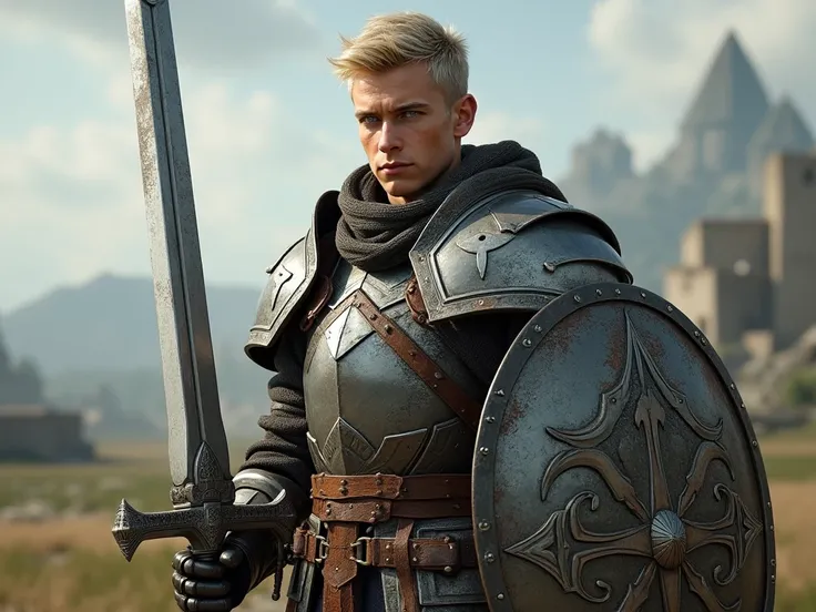 1guy, 24 years of age, ashen blonde hair, light blue eyes, sword and shield, tank, steel armor, medium armor, medieval theme