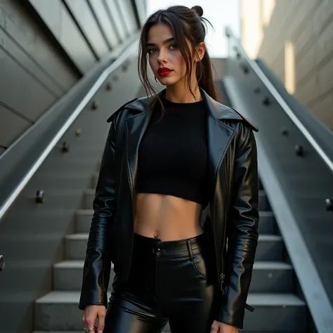 Mix between Selena Gomez and Jenna Ortega, masterpiece, ultra-realistic 8K. Éliana Morel, avec ses cheveux bruns attachés en une queue de cheval basse, incarne une allure sexy et badass sur un escalier métallique moderne. Quelques mèches encadrent son visa...