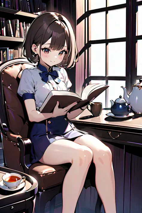 beauty girl, a girl, reading book, short hair, brown hai, little smile, sitting on chair, desk, very big library, a tea of cup, a tea pot, a cookie of plate, short sleeves, mini skirt,