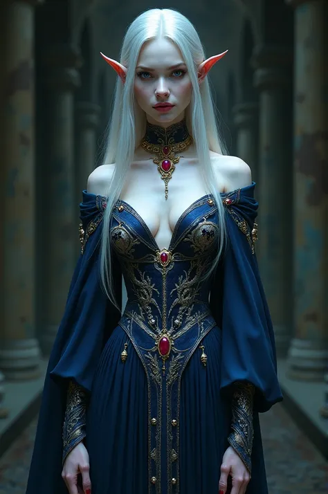 I am a female vampire elf. My skin is a pale, almost translucent white. My hair is long, falling well past my shoulders in soft silver waves. My face is heart-shaped, with sharp cheekbones and a small chin. My lips are full and red, while my eyes are a pie...