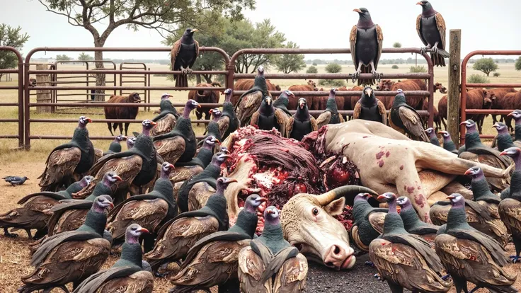 crows are eating the cow on the fence