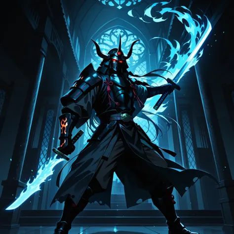  is written in the center of the frame 、 Onimusha in silhouette.from below , low angle、Combat Stance、  dynamic composition、 active angle、bluish-white flame,Onimusha with pale flames clinging to him. Inside the mansion. Onimusha holding a sword in a fightin...