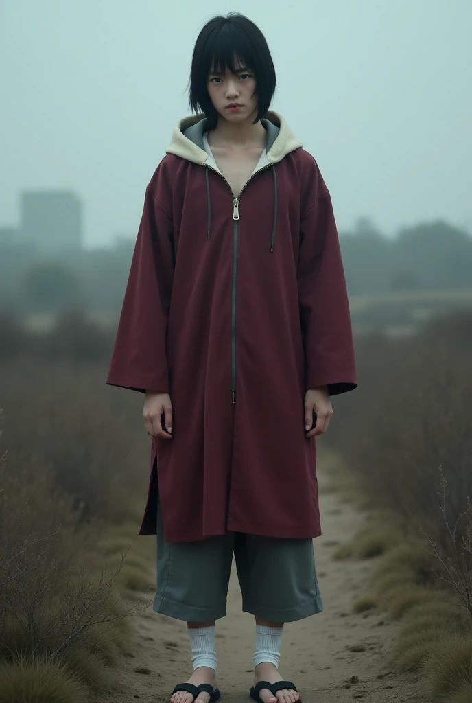 A 20 year old Japanese male teenager,gay straight hair parted with two rather long bangs, maroon long-sleeved robe with a cream-colored unused hood with zipper ,3/4 length trousers in gray,white leg braces,black flip flops,red eye,zoom camera, front view,a...