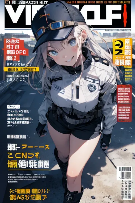 (from below:1.2,   top quality ),   girl ,    platinum-colored military uniform with sparkling eyes and contagious smile   , The dreamer wants purplish   blue eyes , (from below:1.2,   top quality ), a   girl ,    blond hair left and right , The dreamer wa...