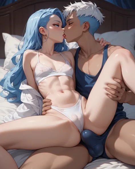 1 young darkskin blue hair girl 2boy , in the bed, holding bulge, touching, white hair, grabbing ass, night face, blue miniskirt, kiss, open legs