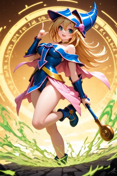 [Subject] Dark Magician Girl - Spellcasting Pose
[Perspective] Extreme high-angle shot (85° tilt) + Dutch tilt (15° rotation)
[Anatomy] 
- Athletic build: defined waist (0.7 waist-hip ratio) + muscular thighs
- Perfect hand articulation: spellcasting gestu...