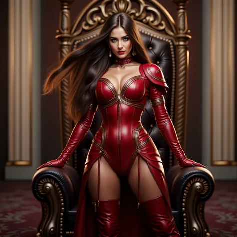 Tall Woman, Long Flowing Brown Hair, Blue Eyes, Large Breasts, Long Legs, wide hips, Thick Thighs, Voluptuous Build, wearing a red armored Leather Dress, Red Leather thigh high boots, Red Leather Elbow Gloves, Standing in a throne room