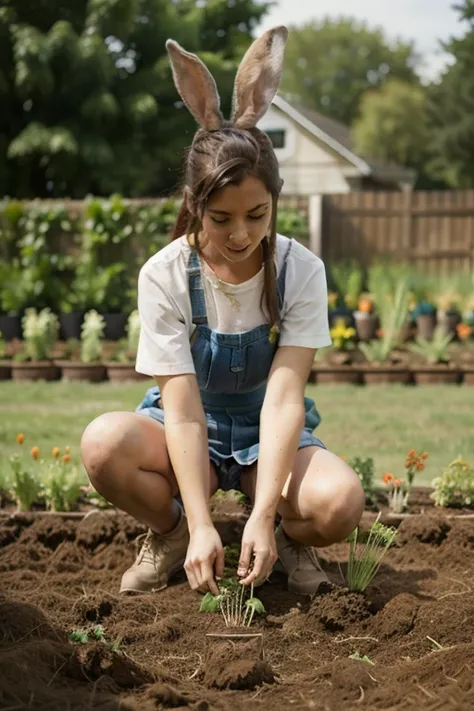 rabbit planting carrots in the garden