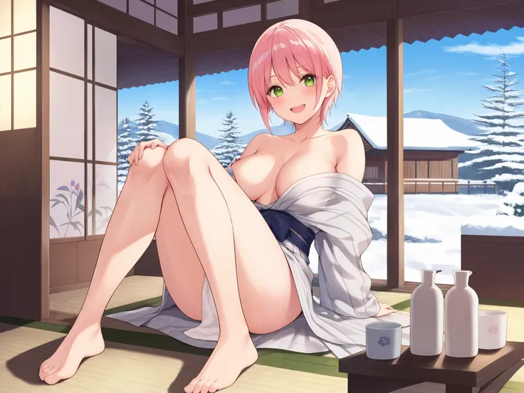   Top Quality、  Masterpiece、  in the seat、  Five molecules  、 Nakano Ichika、 pink hair with crotch 、 short hair、One , tatami,  towel for a ryokan guest room, be happy, Exciting, trip,  Guest Room Open Air Bath,  big breasts,  Snow Scenery , Outside Lights ...