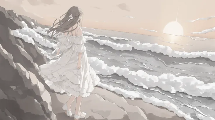 Full body-shot of a person standing on a quiet seaside cliff, their gaze lost in the horizon as the wind gently sweeps through their hair and clothes. The ocean waves move rhythmically, carrying echoes of distant memories. As the breeze passes by, it feels...