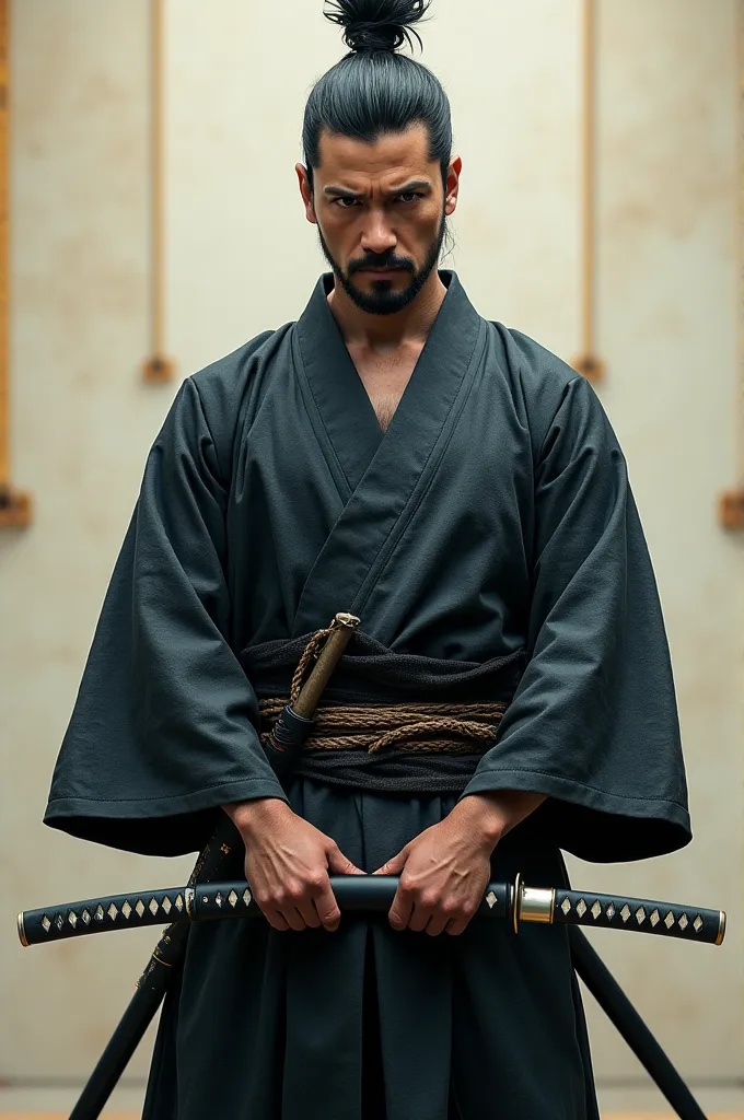 Photo of an adult man, holding a katana, wearing traditional Japanese clothing,